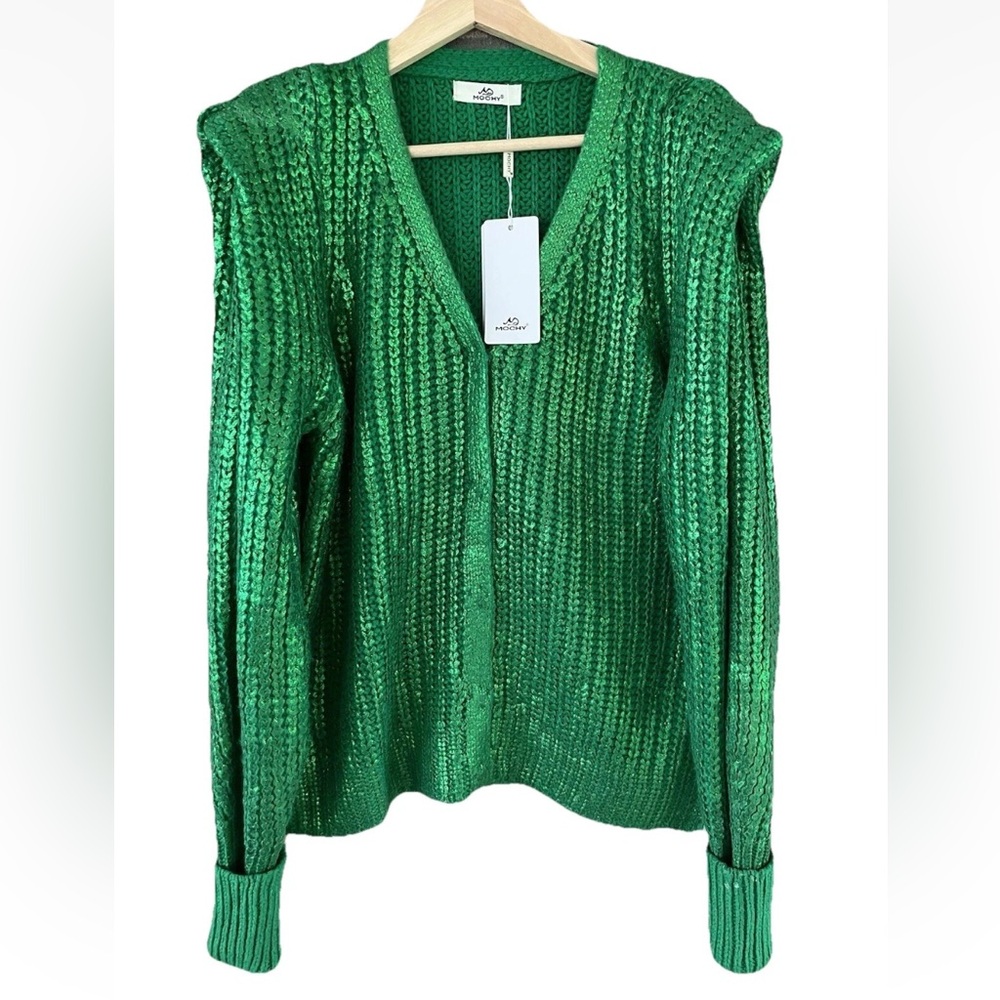 Mochy Woman’s Long Sleeve Button Up V Neck Sweater Color Green Sparkly Size L